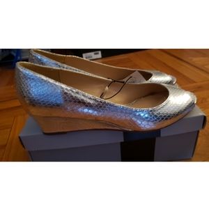 Silver metallic peep toe, low wedge